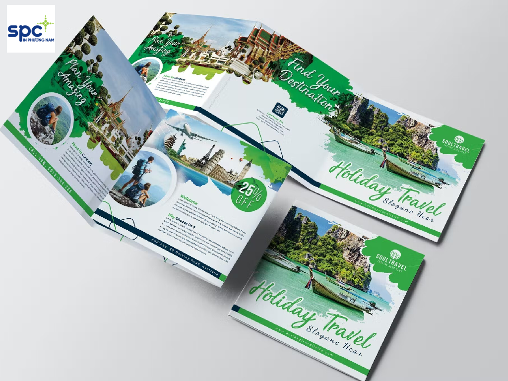 Bạn có thể sắp xếp bố cục Brochure du lịch tùy theo thẩm mỹ và sản phẩm, thương hiệu của công ty